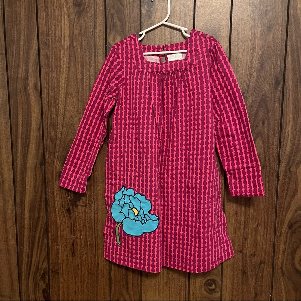 Hanna Andersson Pink Long Sleeve With Flower Blue Patch Pullover Dress Sz 130